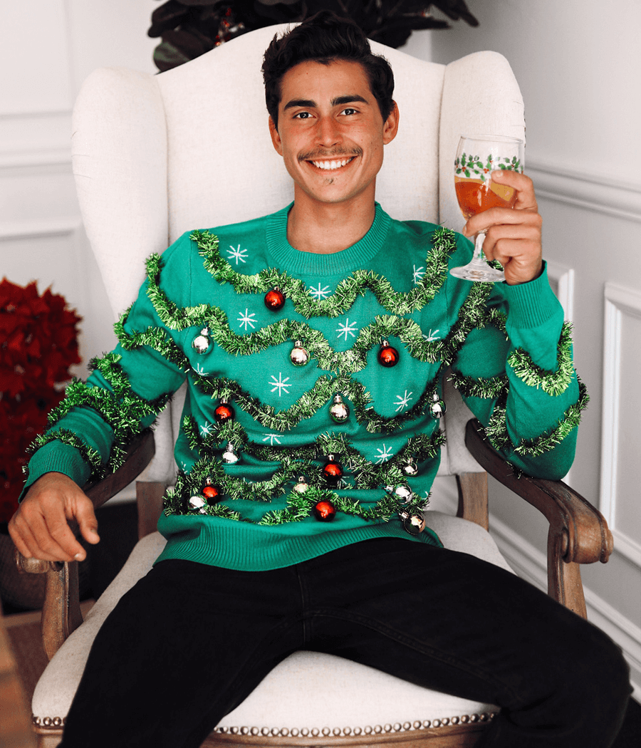Pullover Christmas Sweater with Garland Design and Shiny Baubles