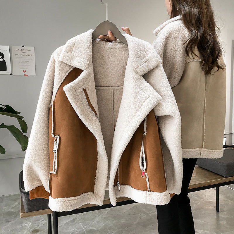 Faux Shearling Coat for Women with Turn-Down Collar and Oversized Relaxed Fit