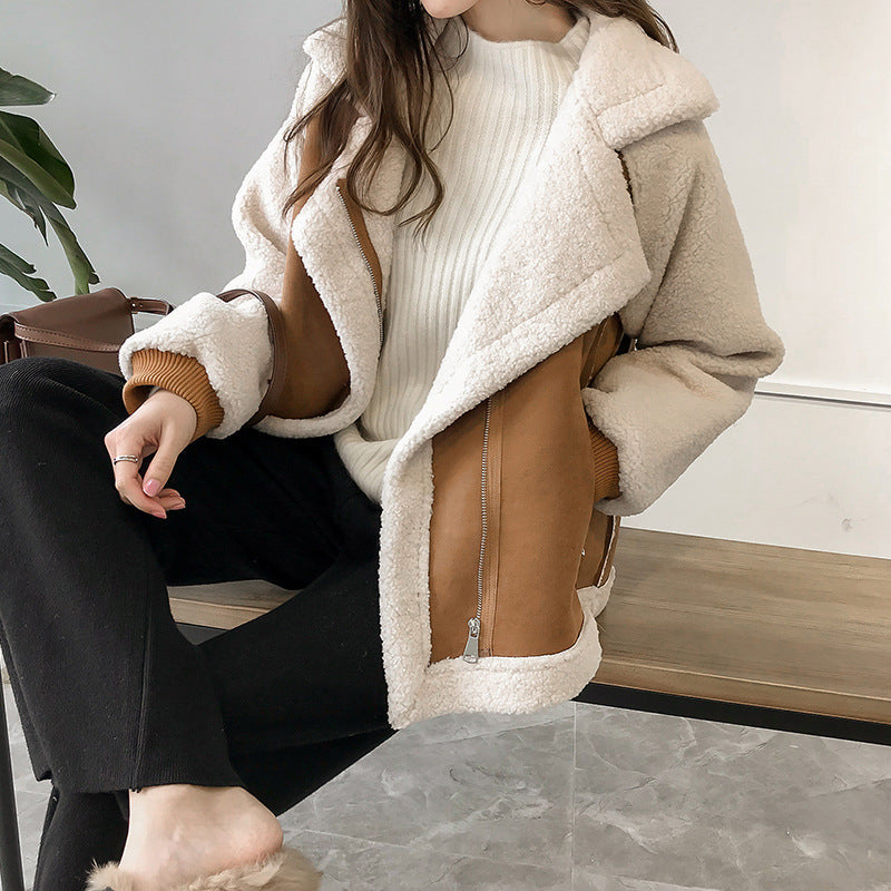 Faux Shearling Coat for Women with Turn-Down Collar and Oversized Relaxed Fit