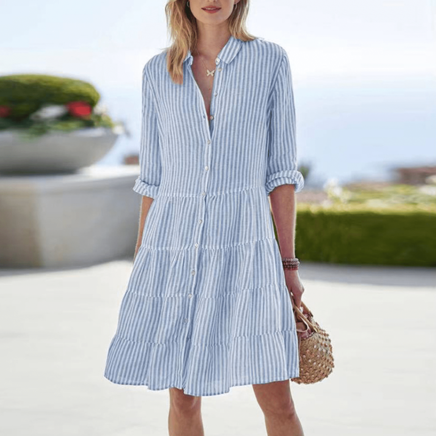 Striped A-Line Dress with Short Sleeves and Button Front