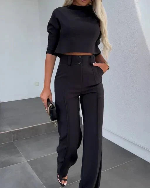 Women's Two-Piece Set with Cropped Top and High-Waist Trousers, Lightweight Tailoring
