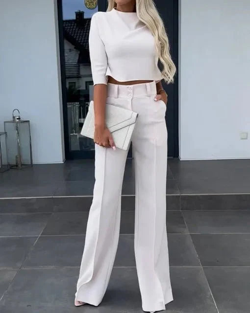 Women's Two-Piece Set with Cropped Top and High-Waist Trousers, Lightweight Tailoring