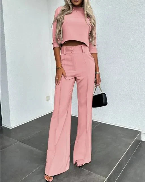 Women's Two-Piece Set with Cropped Top and High-Waist Trousers, Lightweight Tailoring