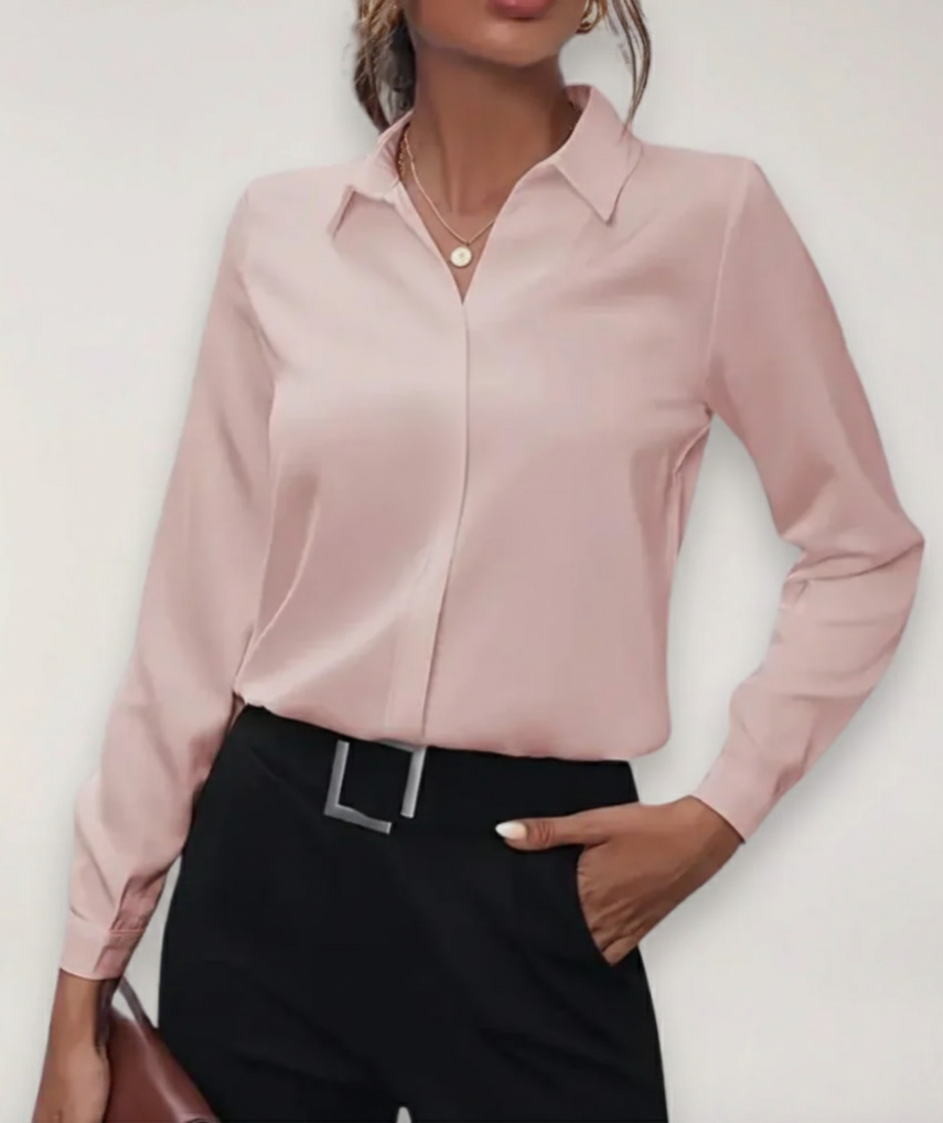 Button-Up Blouse with Classic Collar and Tapered Waist, Machine Washable