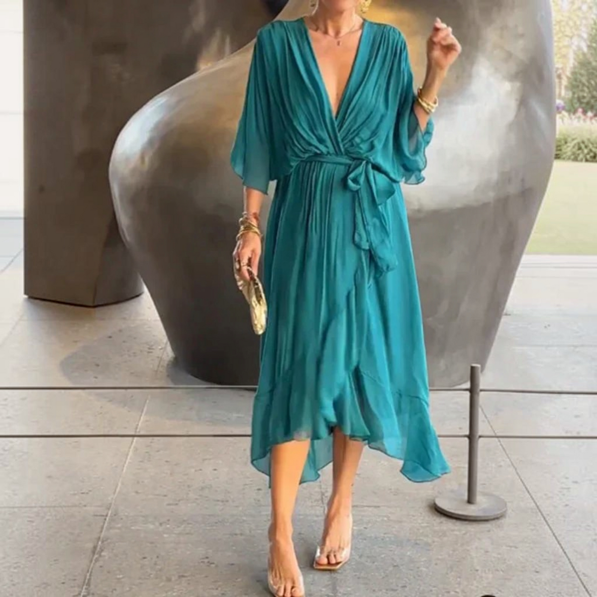 Silk V-Neck Dress with Light Muslin and Relaxed A-Line, for Day or Evening