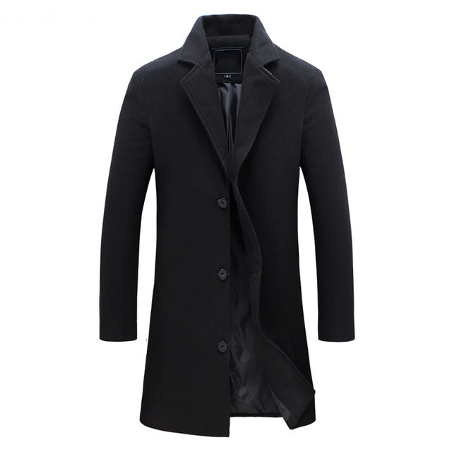 Men's Long Overcoat with Button Front and Smooth Interior Lining, Tailored Cut