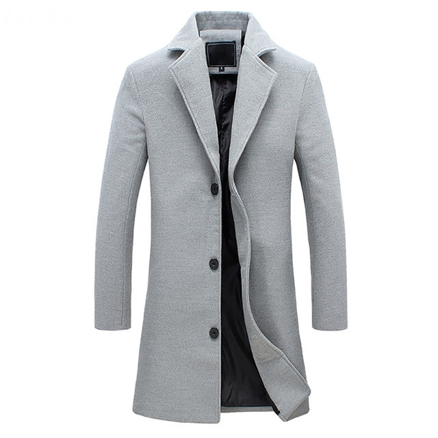 Men's Long Overcoat with Button Front and Smooth Interior Lining, Tailored Cut
