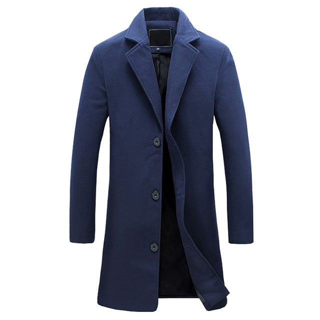 Men's Long Overcoat with Button Front and Smooth Interior Lining, Tailored Cut