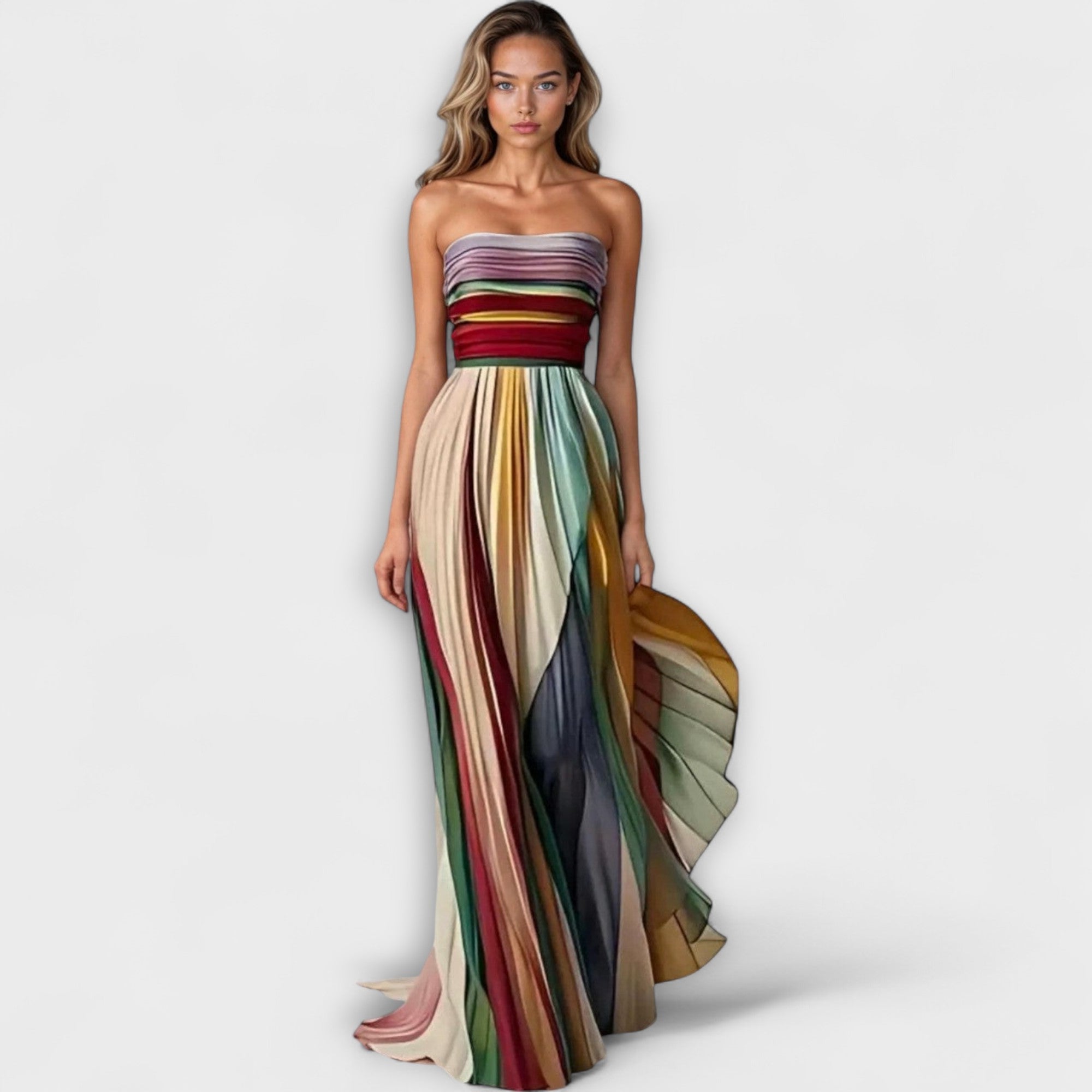 Strapless Pleated Dress with Fitted Bodice and Flowing Skirt, Machine Washable