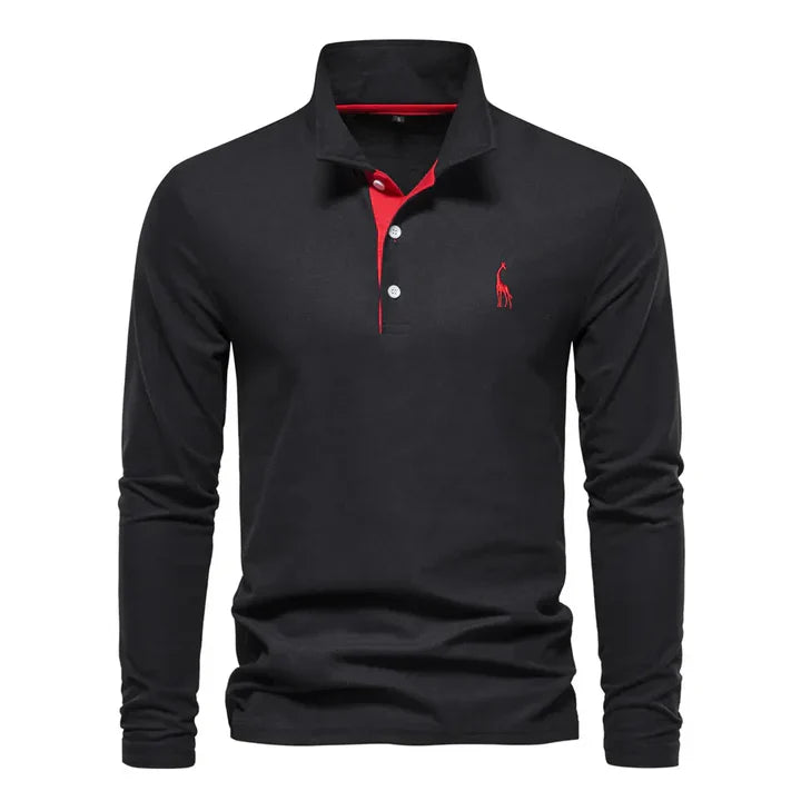 Long Sleeve Polo Shirt with Breathable Cotton and Subtle Chest Embroidery, Regular Fit