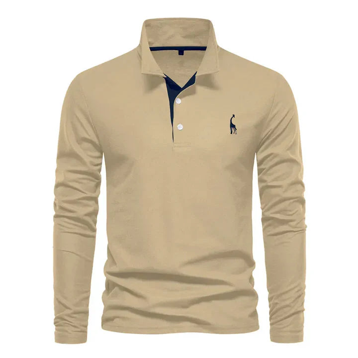 Long Sleeve Polo Shirt with Breathable Cotton and Subtle Chest Embroidery, Regular Fit