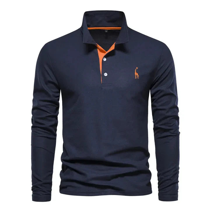Long Sleeve Polo Shirt with Breathable Cotton and Subtle Chest Embroidery, Regular Fit