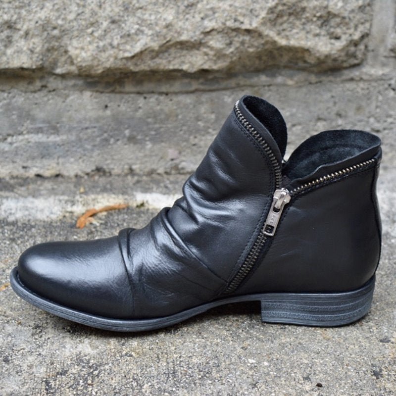 Women's Leather Ankle Boots with Cushioned Insole and Slip-Resistant Outsole, Side Zipper