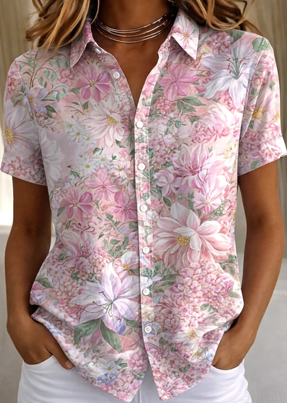 Women's casual floral button-up shirt. Lightweight short sleeve blouse, perfect for summer fashion and everyday comfort.