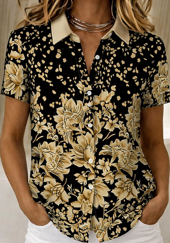 Lightweight women's floral button-up shirt. Chic short sleeve blouse, a casual and comfy summer fashion choice.