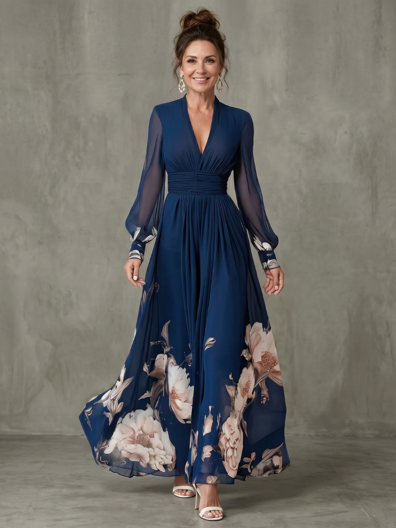 Women's navy pleated maxi dress with elegant sheer long sleeves & V-neck, perfect for evening or formal events.