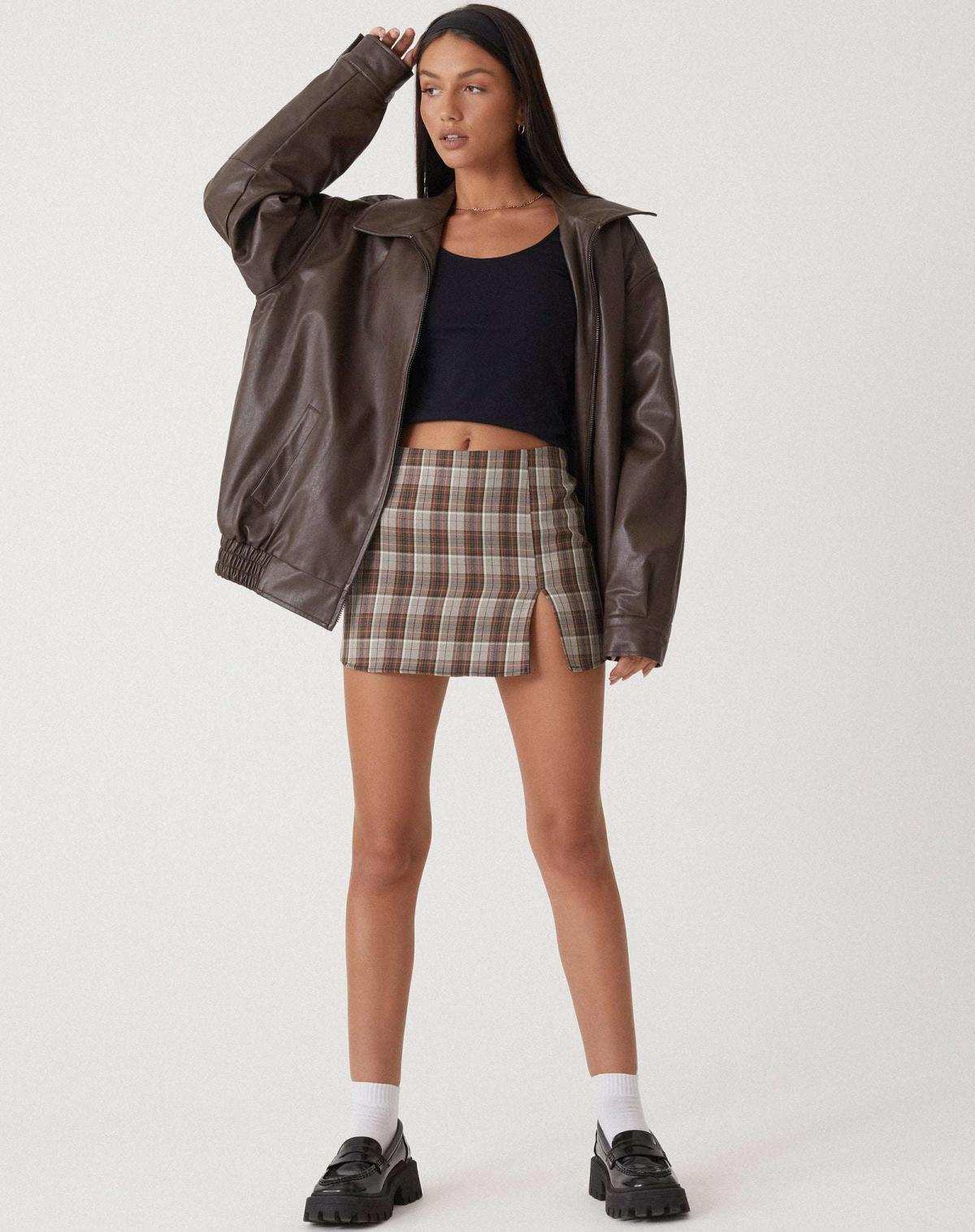 Oversized Leather Bomber Jacket with Boxy Dropped Shoulders and Elastic Hem for Women