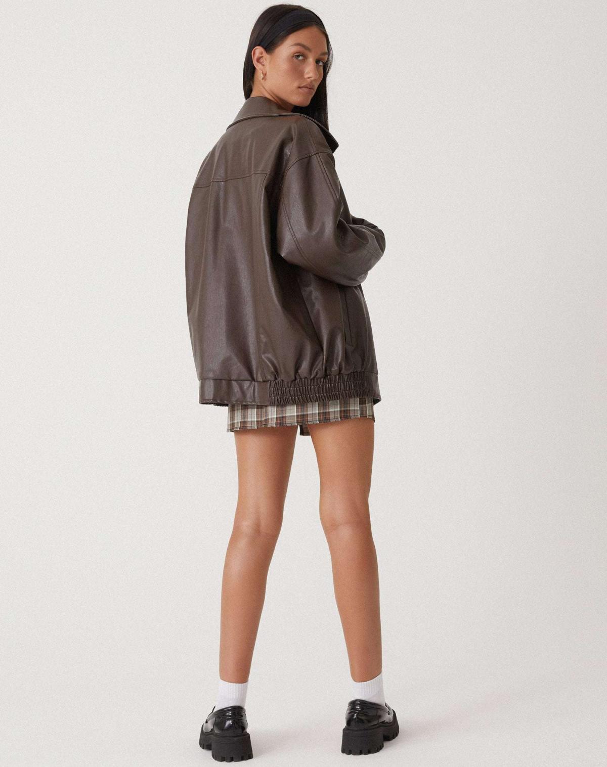 Oversized Leather Bomber Jacket with Boxy Dropped Shoulders and Elastic Hem for Women