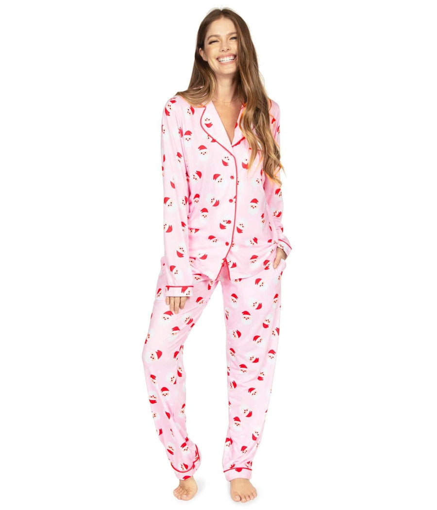 Women's Pink Holiday Pajama Set with Long Sleeves and Drawstring Waistband