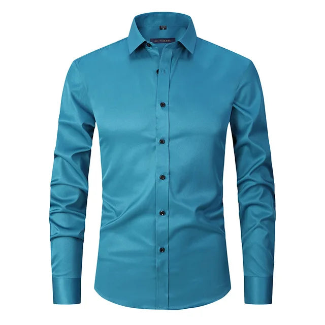 Men's Slim-Fit Long Sleeve Shirt with Breathable Cotton Blend and Full Button Front