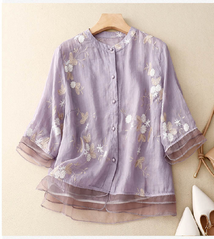 Women's Long Sleeve Blouse with Delicate Floral Embroidery and Relaxed Fit