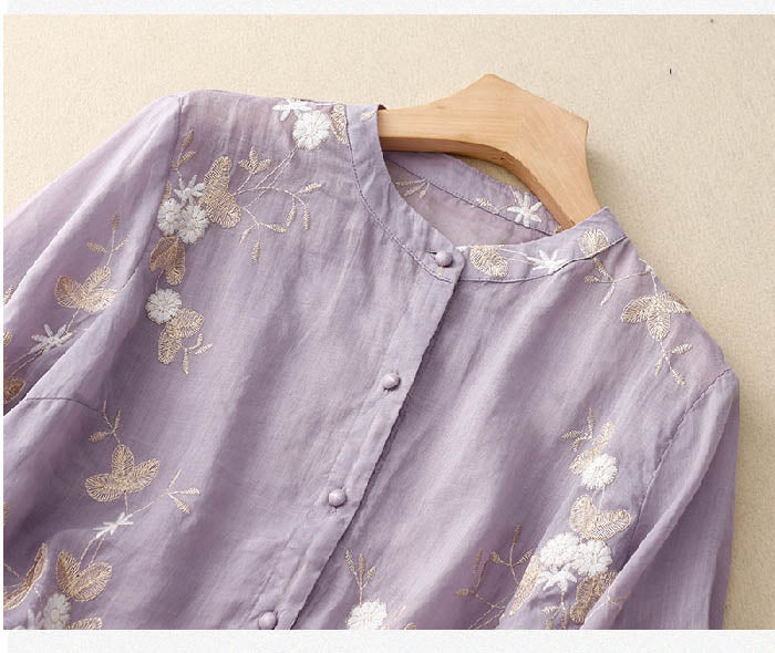 Women's Long Sleeve Blouse with Delicate Floral Embroidery and Relaxed Fit