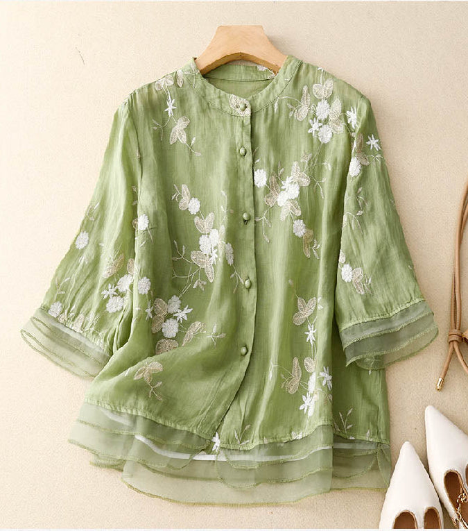 Women's Long Sleeve Blouse with Delicate Floral Embroidery and Relaxed Fit