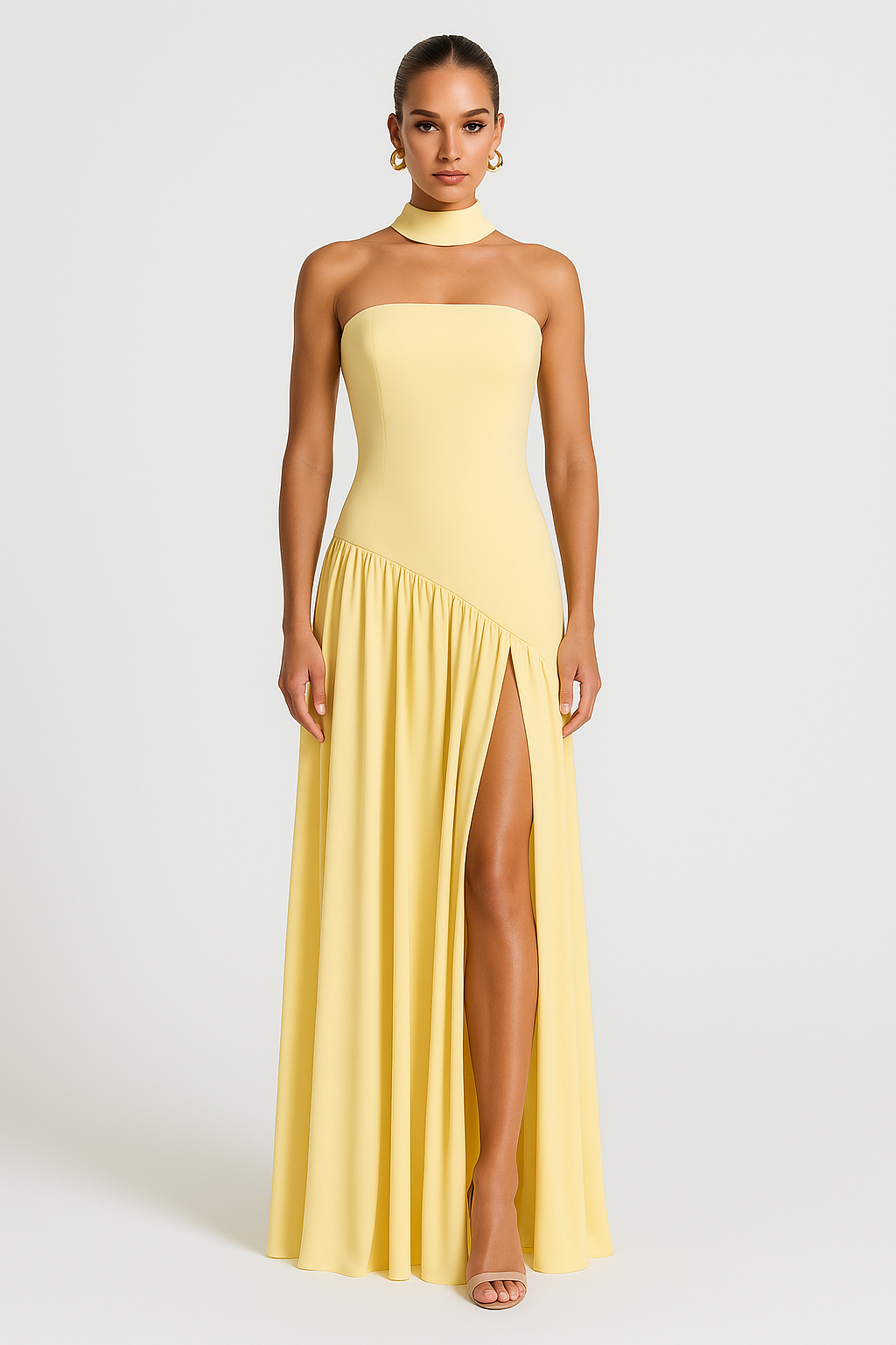 Strapless Evening Dress with Sculpted Bodice and Asymmetric Waist, High Front Slit