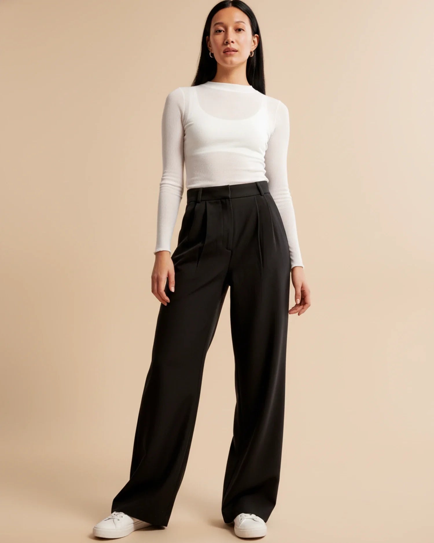 High Waist Pleated Trousers with Straight Leg and Rayon Blend, Machine Washable